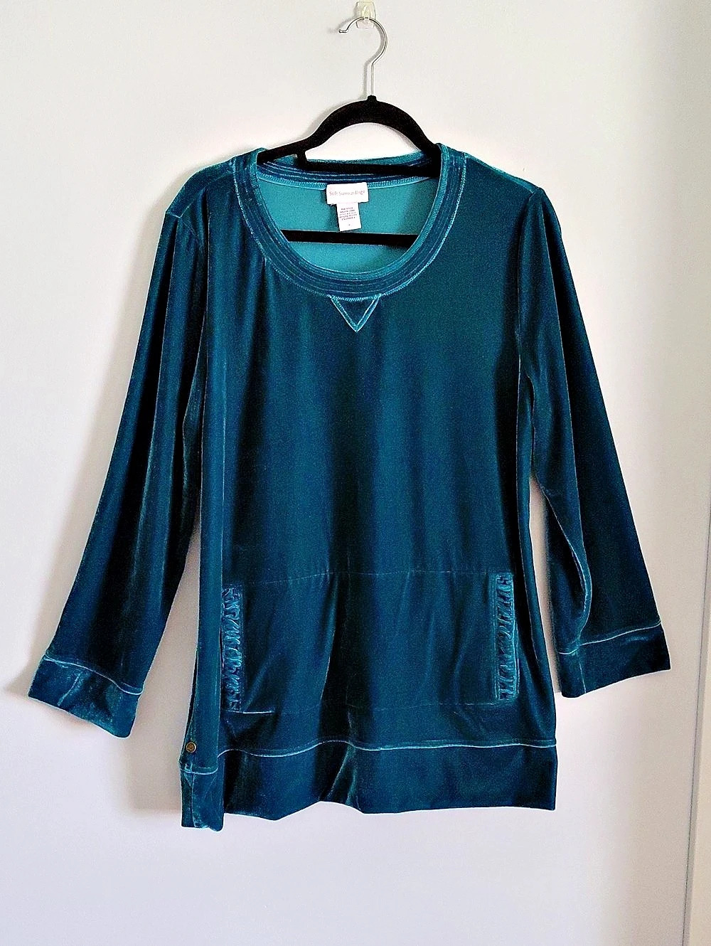 Soft Surroundings Teal Blue Green Velvet Long Sleeve Tunic Sweater Medium Party